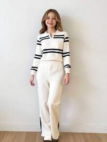 Sparklyn 青少年女孩休闲 V 领条纹宽松针织毛衣和直筒阔腿裤，侧开衩时尚针织 2 件套，适合外出、聚会、日常穿着、秋冬 - 杏色 - 查看 4