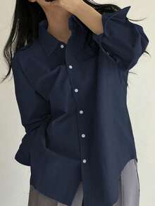 DAZY Solid Drop Shoulder Oversized Shirt,Long Sleeve Tops,Fall Clothes - Blue - View 2