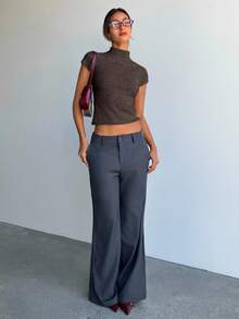 Aloruh 女士秋冬短袖高领修身薄款抓绒针织衫，棕色 - 咖啡棕 - 查看 4