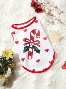 PETSIN 1pc Pet Christmas White Candy Cane & Heart Shaped Printed Dog Vest