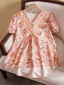 EMERY ROSE Blusa de manga corta con cuello en V para tallas grandes, de moda para vacaciones de verano estilo bohemio - Albaricoque - Ver 1