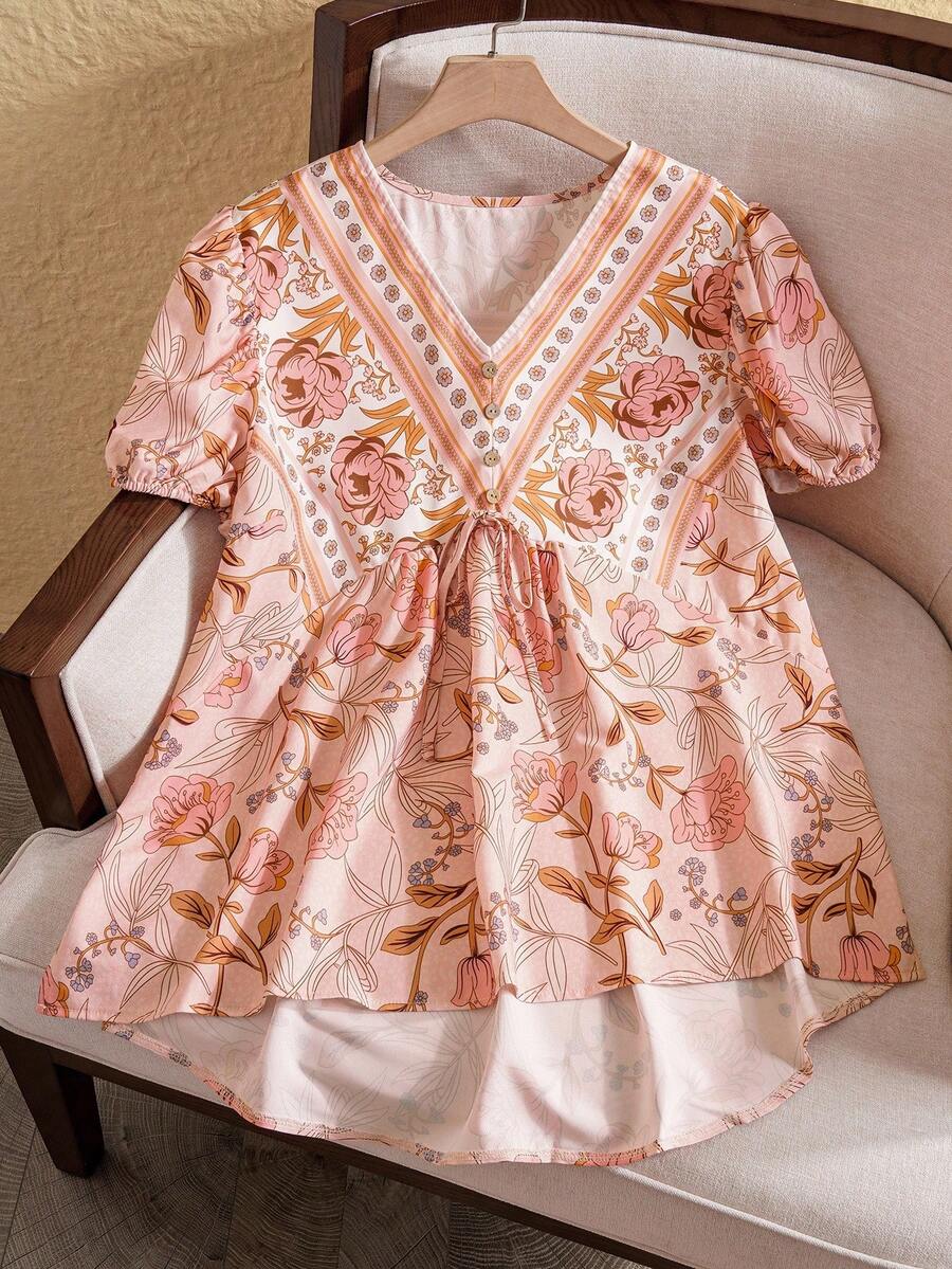 EMERY ROSE Blusa de manga corta con cuello en V para tallas grandes, de moda para vacaciones de verano estilo bohemio - Albaricoque - Ver 1