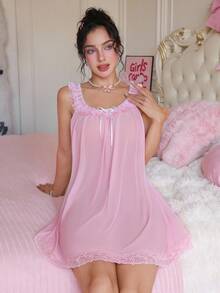 PetitDoll Women's Sweet & Sexy Lace Ruffle Hem Babydoll Dress With Bow & Floral Decor Babydoll Pajama Set Nighties Sleepwear Lingerie - Pink - View 3