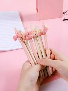 SHEIN 黑色凝胶墨水塑料点击粉色奶油色可爱女孩笔 - 多色 - 查看 1