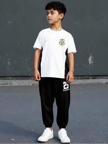 Tween Boys Graphic Color Block Round Neck Short Sleeve T-Shirt And Shorts 2pcs Sports Outfit - Black - View 7