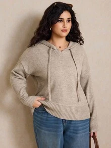 Elaquor Pull à capuche casual pour femmes grandes tailles en automne/hiver - Camel - Voir 4