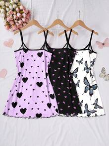SHEIN 3pcs Women Heart & Bow Print Knit Camisole Nightgown Set