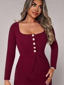 Xyvia 2pcs Women Set: Solid Color Button Front Top And Pleated Skirt Fall Cloth For Women - Burgundy - View 6