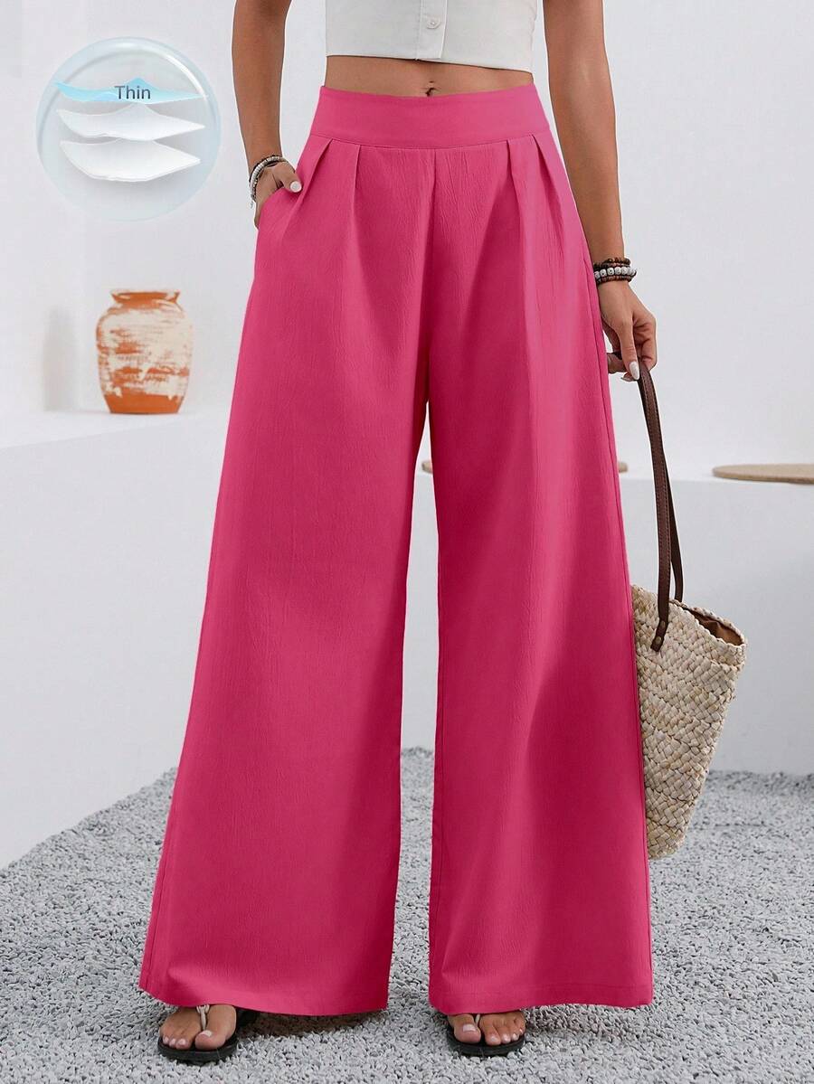 EMERY ROSE 女士纯色高腰褶皱口袋阔腿宽松休闲裤 - 玫紅色 - 查看 1