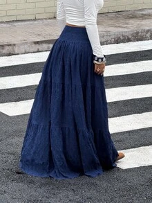 MainGRL Navy Blue Women's Casual A-Line Skirt, Summer - Navy Blue - View 2