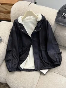 1 件男童加大保暖内衬实用夹克，带大口袋，数码扎染面料，休闲户外服装 - 黑色 - 查看 5