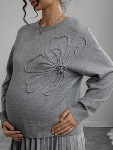 Momance Handmade Floral Solid Color Maternity Sweater Set, Minimalist Chic 3D Flower Round Neck Knit Suit - Grey - View 5