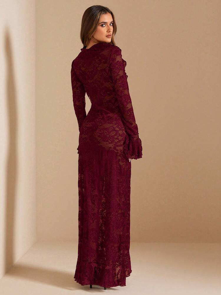 SHEIN BAE فستان أنيق طويل الأكمام بياقة عميقة على شكل V مع كشكشة، أبيض سادة، أنيق وبسيط، مناسب لفصل الصيف والربيع المبكر، فستان للعطلات، حفلات الزفاف، حفلات الخطوبة، المناسبات الرومانسية، عيد الحب، الحفلات، الاستخدام اليومي، عيد الميلاد - عنابي اللون - مشاهدة 2