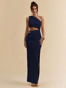 SHEIN BAE White Asymmetric Ruched Bodycon High Slit Dress, Beach Resort White Dress, Bohemian Dress - Navy Blue - View 5