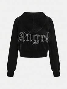 SHEIN Glowzi Teen Girl Velvet Rhinestone Zip-Up Hoodie Top And Slim Flare Pants Casual Elegant 2 Pieces Set, Suitable For Halloween, Loungewear, And Everyday Wear Fall Winter Outfits 2 Piece Set Girls Two Piece Set Black