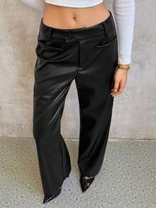 Sweetra 女式修身休闲PU喇叭裤，秋冬 - 黑色 - 查看 7
