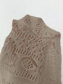 Elenzga 女士休闲镂空系带长袖钩针开衫，适合夏季度假 - 杏色 - 查看 7
