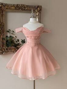 Lovelzi Thanh lịch, lãng mạn, ngọt ngào, duyên dáng, váy hở vai bằng vải organza màu hồng nhạt, có thể điều chỉnh được, thắt eo, thích hợp cho tiệc vũ hội, những dịp bán trang trọng, sinh nhật, khách dự tiệc cưới, tốt nghiệp - Màu Hồng  San hô - Xem 5