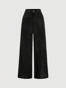 SHEIN MOD Women's Fashion Casual Striped Print Straight Leg Pants,Autumn/Winter,Halloween ,Christmas Party ,New Year Women's ,Thanksgiving,Casual For Women ,Black Velvet Pants,Casual Pants,Zip Up - Black - View 2