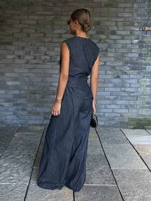 DAZY 女士休闲牛仔腰带背心和阔腿裤套装 - 藏蓝色 - 查看 2