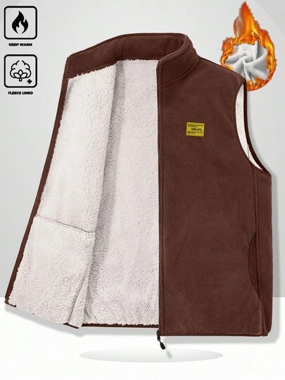 Manfinity Homme Loose Fit Men's Letter Patched Teddy Vest Jacket, Men Brown Thermal Lined Vest, Fall
