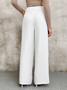 SHEIN Unity Pantalones anchos casuales con pliegues, cintura alta y bolsillos, unicolor, para mujeres - Blanco - Ver 2