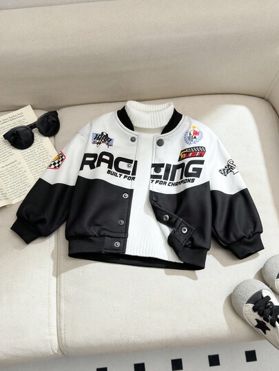 SHEIN Baby Boy Contrast Color Casual Sports Street Style Zip-Up Jacket, Suitable For Home, Outdoor, Sports, Spring/Autumn/Winter Baby Boy Jacket Baby Boy Bomber Jacket Baby Boy Biker Jacket Race Car Outfit Baby Baby Boy Racing Jacket   Race Car Driver   Race Car Jacket Baby Boy Varsity Jacket Baby Boy Korean Style Jackets  Baby Boy Fall Outfits