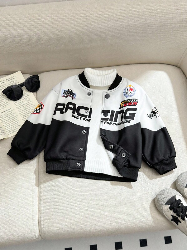 SHEIN Baby Boy Contrast Color Casual Sports Street Style Zip-Up Jacket, Suitable For Home, Outdoor, Sports, Spring/Autumn/Winter Baby Boy Jacket Baby Boy Bomber Jacket Baby Boy Biker Jacket Race Car Outfit Baby Baby Boy Racing Jacket   Race Car Driver   Race Car Jacket Baby Boy Varsity Jacket Baby Boy Korean Style Jackets  Baby Boy Fall Outfits