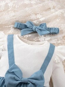 SHEIN Newborn Baby Girl Cute Casual 2 In 1 Colorblock Bow Embroidered Jumpsuit With Headband Fall Winter - Multicolor - View 4