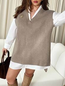 Auralis 大码休闲百搭纯色前短后长针织背心 - 卡其色 - 查看 4