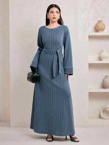 Veilorie Women's Elegant Commuter Solid Color Bell Sleeve Extra Long Abaya Dress