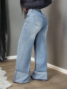 SHEIN Tall Women's High Waist Pocketed Wide Leg Loose Casual Versatile Jeans - Blue - View 3