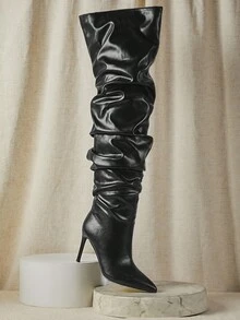 SHUZIA Nuevo bota alta de tacón de mujer sexy de piel sintética negra PU con puntera puntiaguda, cómoda y holgada para otoño, invierno y días festivos - Negro - Ver 4