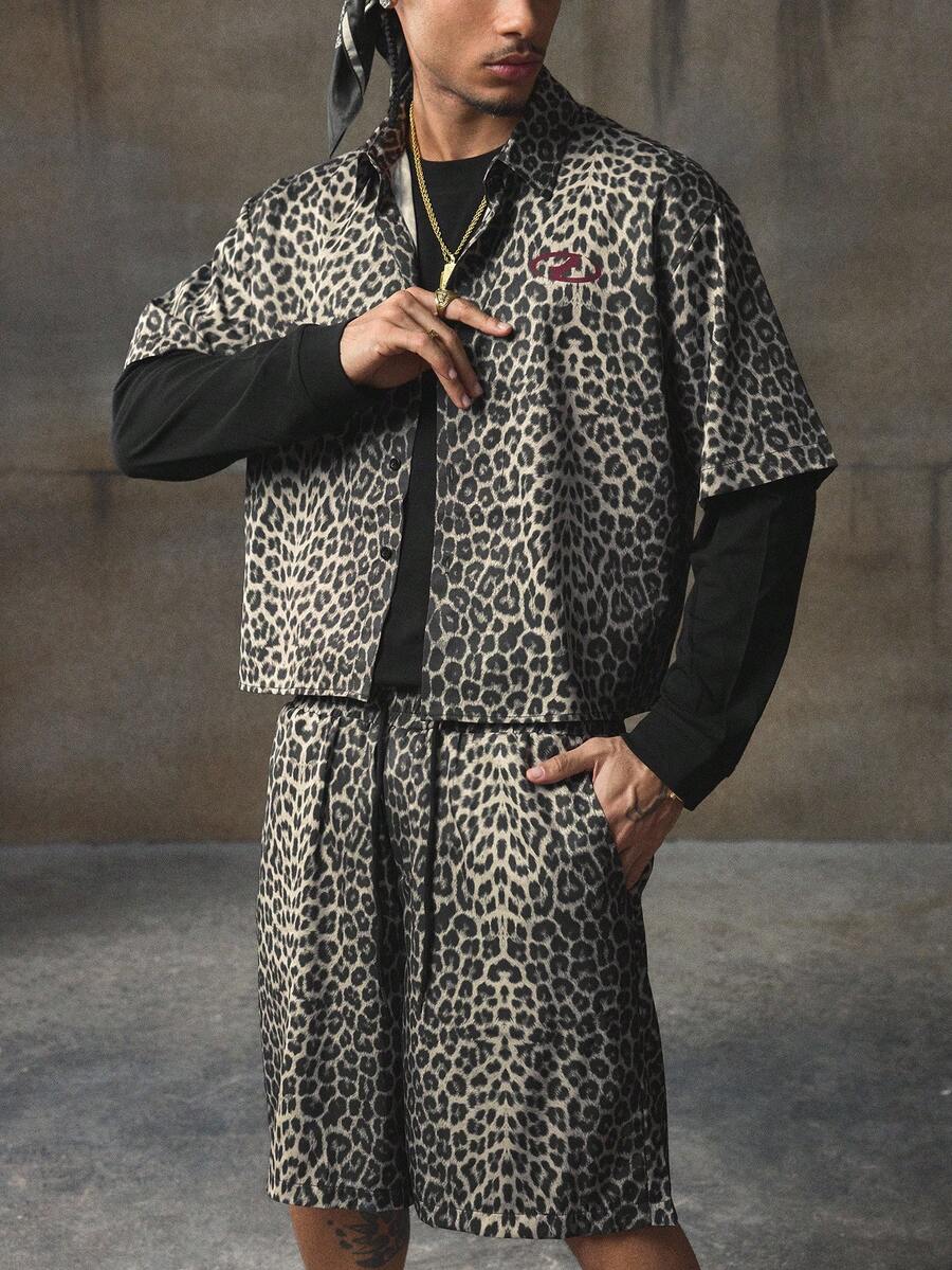 AXEPEAK 男士豹纹衬衫和短裤套装 - 彩色 - 查看 1