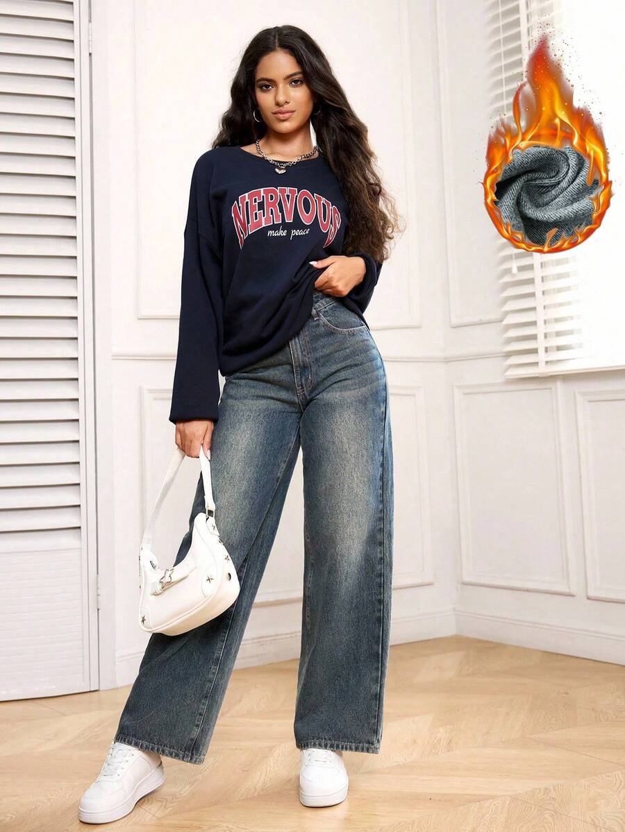SHEIN PETITE Quần Jeans Nữ Dáng Thẳng Rộng, Lót Nhiệt, Phong Cách Retro - Màu xanh lam - Xem 1