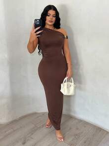 SHEIN SXY 不对称领口棕色纯色不对称肩部金属扣装饰修身优雅连衣裙，新年装扮，派对，优雅，舞会礼服，棕色，外出，时尚，商务休闲女装，婚礼，新年，棕色紧身连衣裙，单肩优雅连衣裙，棕色女装，咖啡棕色连衣裙 - 棕色 - 查看 6