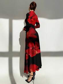 Aloruh 新款优雅黑色底红色扎染印花长袖修身连衣裙，适合晚宴、约会、日常穿着、秋季穿着、凉爽秋日、圣诞节、圣诞派对等场合。 - 黑色 - 查看 3