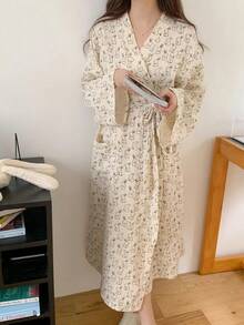 SHEIN 1 Áo choàng ngủ dài tay cho nữ, kiểu dáng tối giản châu Âu, dành cho nữ cỡ lớn, nhẹ nhàng, thích hợp mặc ở nhà. - Màu be - Xem 11