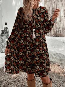 EMERY ROSE Vestido de mujer de largo medio con estampado de hojas en tonos otoñales, elegante y casual, adecuado para otoño/invierno - Multicolor - Ver 2