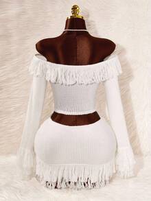 Amplova 女式纯色露肩长袖上衣和迷你裙两件套 - 杏色 - 查看 2