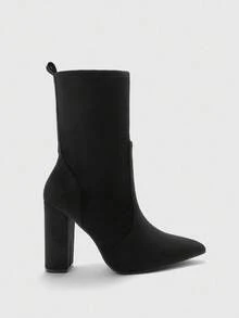 CUCCOO BIZCHIC Botas de tacón grueso de media pantorrilla con punta puntiaguda negro para mujer, adecuadas para ir al trabajo, citas, fiestas y vacaciones - Negro - Ver 2