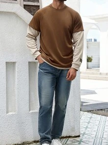 Manfinity Homme Plus Size Men's Casual Patchwork Pullover Sweatshirt, Brown Long Sleeve, Fall Tops Long Sleeve Coffee Brown Tops - Multicolor - View 2