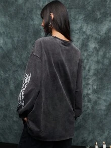 TypaGal Women's Dark Grey Gothic Oversize Sweatshirt With Prints,Grunge Punk Y2k Style For Autumn Concert,Cozy Alt Winter Halloween,Work Outfits - Black - View 4