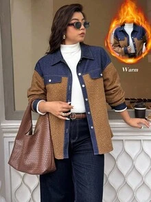 Easura Áo khoác tay dài ấm áp chắp vá cỡ lớn - màu nâu - Xem 5