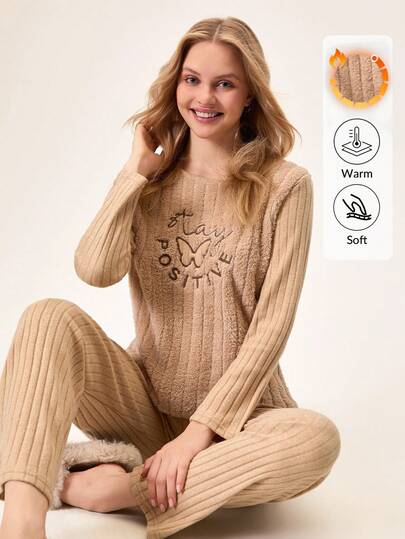 Loomlin Women Fuzzy Fabric With LETTER&BUTTERFLY Embroidery Detail Rib Knit Homewear Comfort Lounge Pajama Set For Ladies
