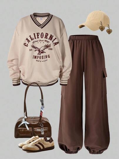 Sparklyn 2 件套青少年女孩休闲时尚运动日常通勤美式棒球风格 Polo 领宽松长袖上衣和舒适工装裤，秋冬