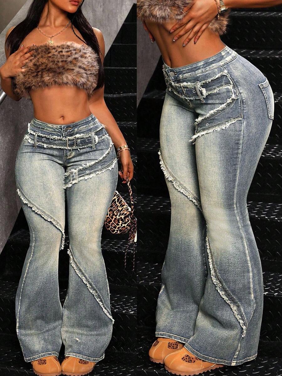 Jeanoix Quần jean ống loe ôm vừa vặn thường ngày cho nữ cỡ lớn - Màu xanh lam - Xem 1