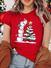 Weihnachten Frauen Lässig Stylish Cartoon Süßer Schneemann Weihnachtsbaum Muster Weihnachtsbaum Kreatives Slogan Grafik Kurzarm T-Shirt Grafik Tops Frauen - Bordeaux - Übersicht 3