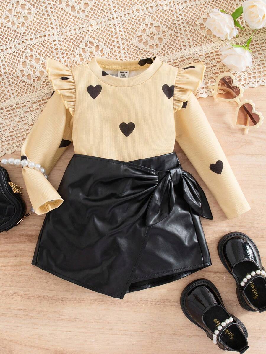 SHEIN Babygirl 可爱休闲针织长袖上衣和黑色 PU 皮革迷你裙套装 - 彩色 - 查看 1