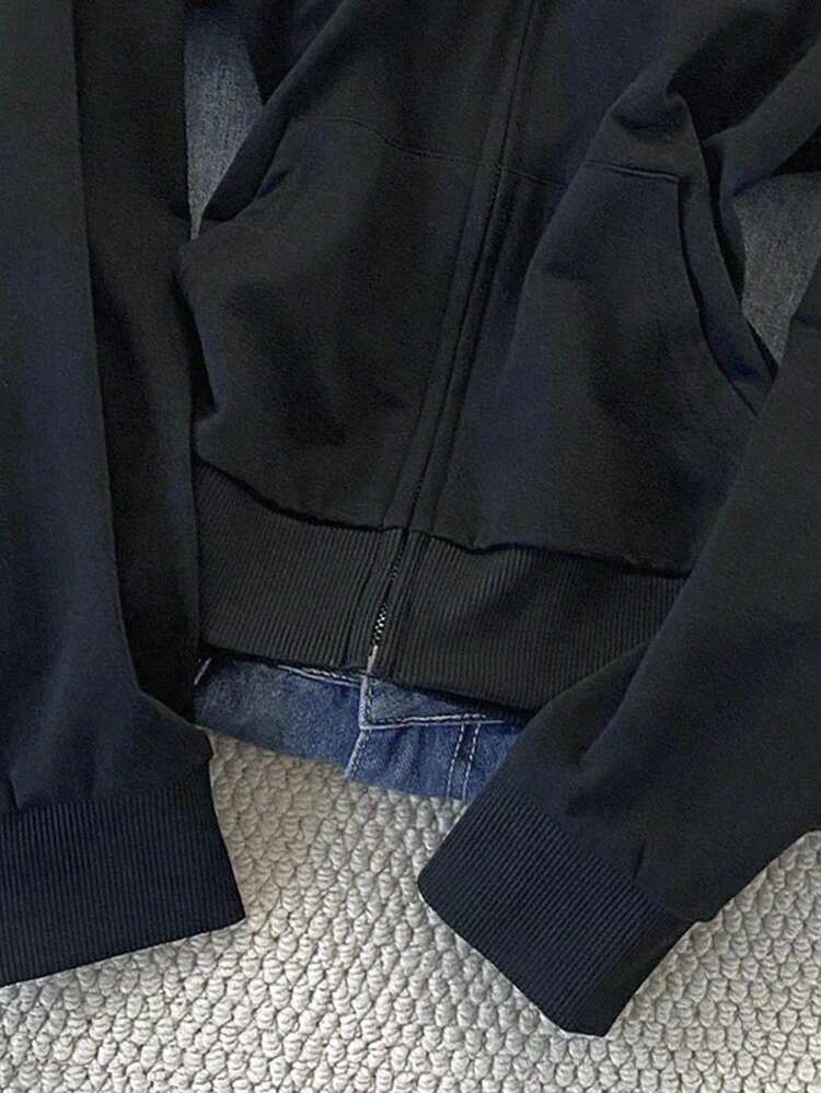 Glimmora 刺绣图案拉链连帽衫修身运动衫夹克女款秋冬款 - 黑色 - 查看 3